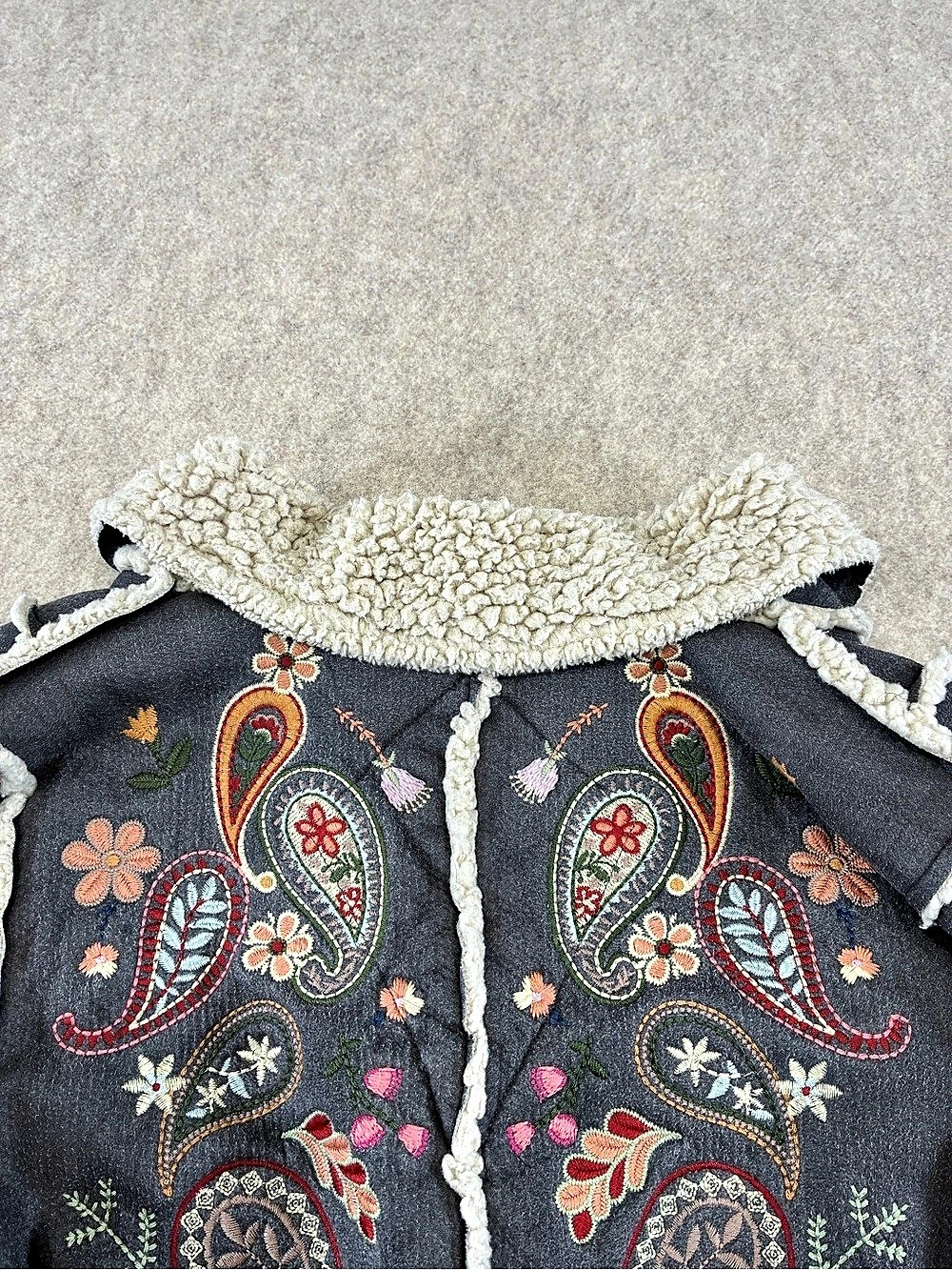 Johnny Was Biya Women's Sherpa Lined Embroidered Paisley Coat Gray Size S - Picture 9 of 16